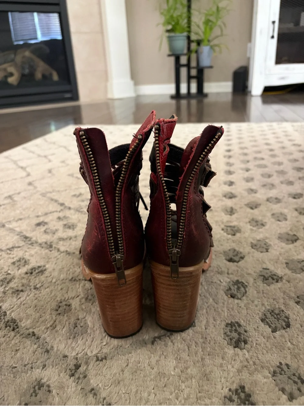Freebird by Steven Black and Dark Red Open-Toe Lace-Up Ankle Booties
